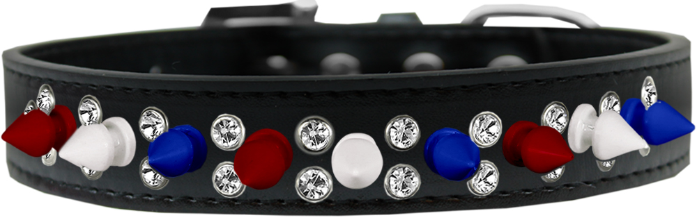 Double Crystal with Red, White and Blue Spikes Dog Collar Black Size 12